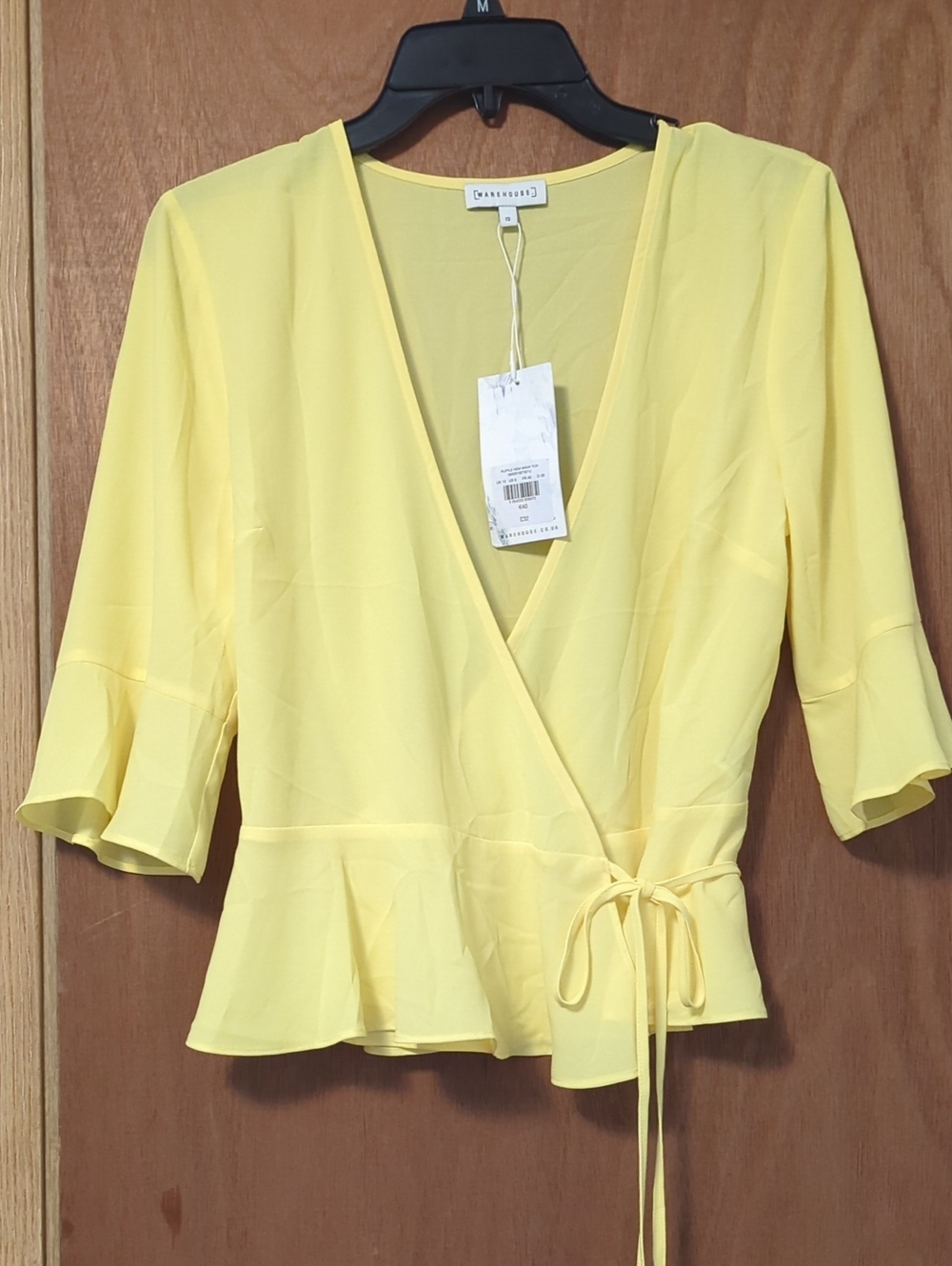 Light Yellow Wrap Peplum Blouse with Tie Waist